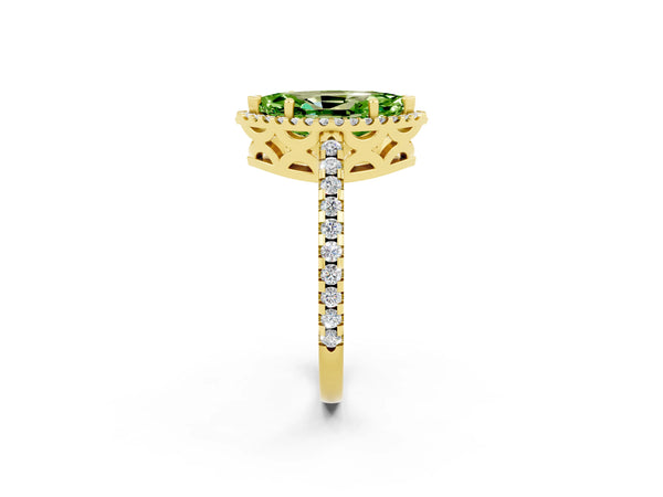 Yellow gold Marquise Cut Peridot Halo Engagement Ring with Pavé Band and Prong Setting