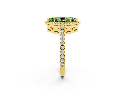 Yellow gold Marquise Cut Peridot Halo Engagement Ring with Pavé Band and Prong Setting_14