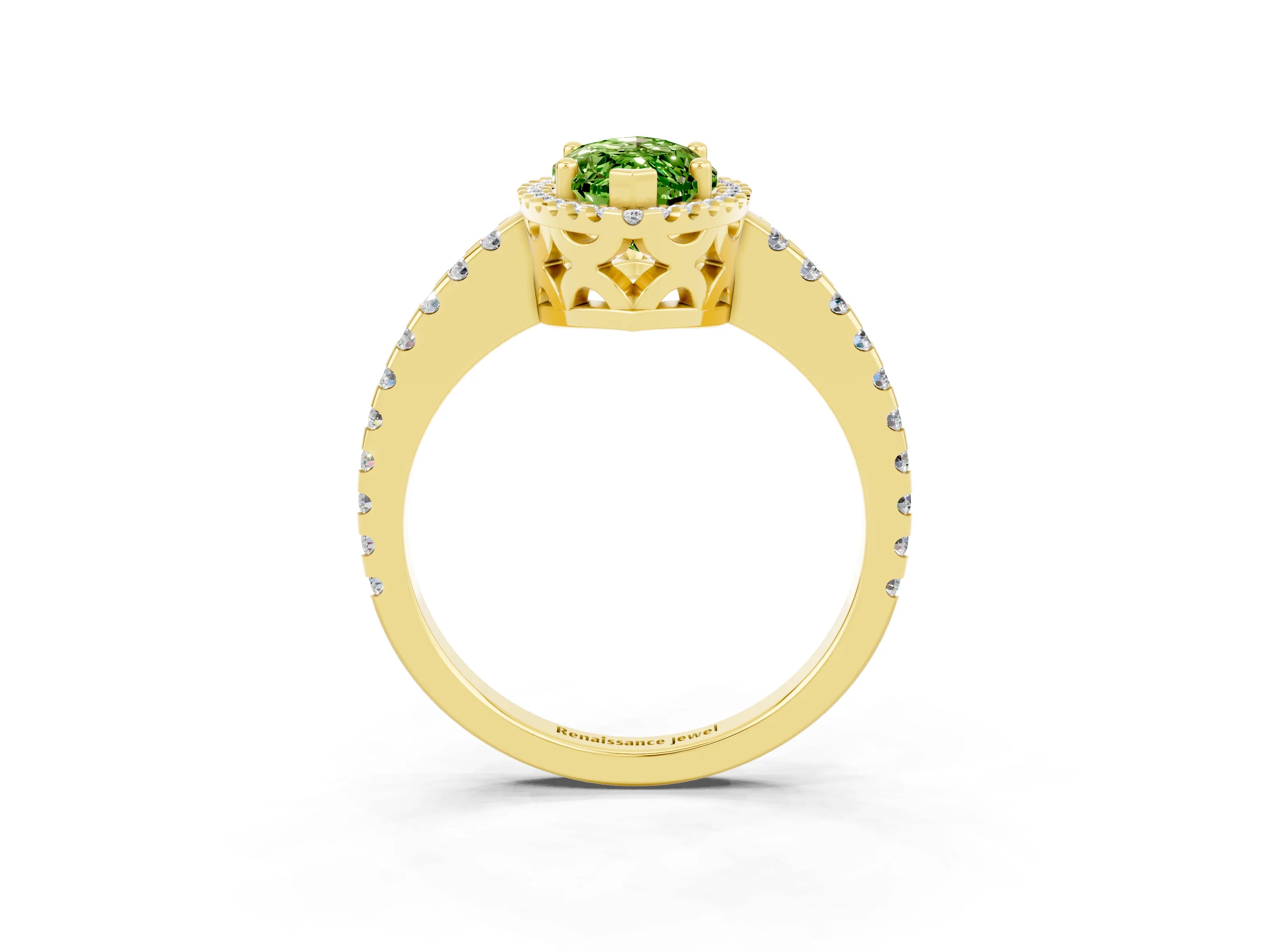 Yellow gold Marquise Cut Peridot Halo Engagement Ring with Pavé Band and Prong Setting_15
