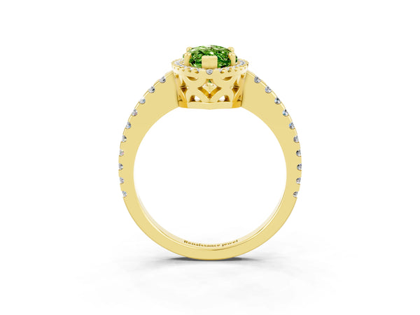 Yellow gold Marquise Cut Peridot Halo Engagement Ring with Pavé Band and Prong Setting