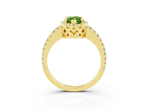 Yellow gold Marquise Cut Peridot Halo Engagement Ring with Pavé Band and Prong Setting_15