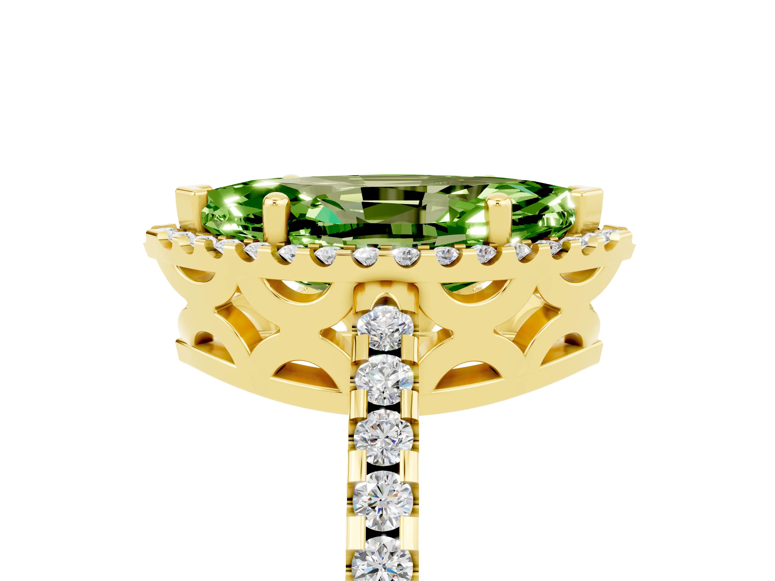 Yellow gold Marquise Cut Peridot Halo Engagement Ring with Pavé Band and Prong Setting_17