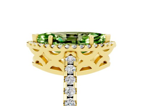 Yellow gold Marquise Cut Peridot Halo Engagement Ring with Pavé Band and Prong Setting_17