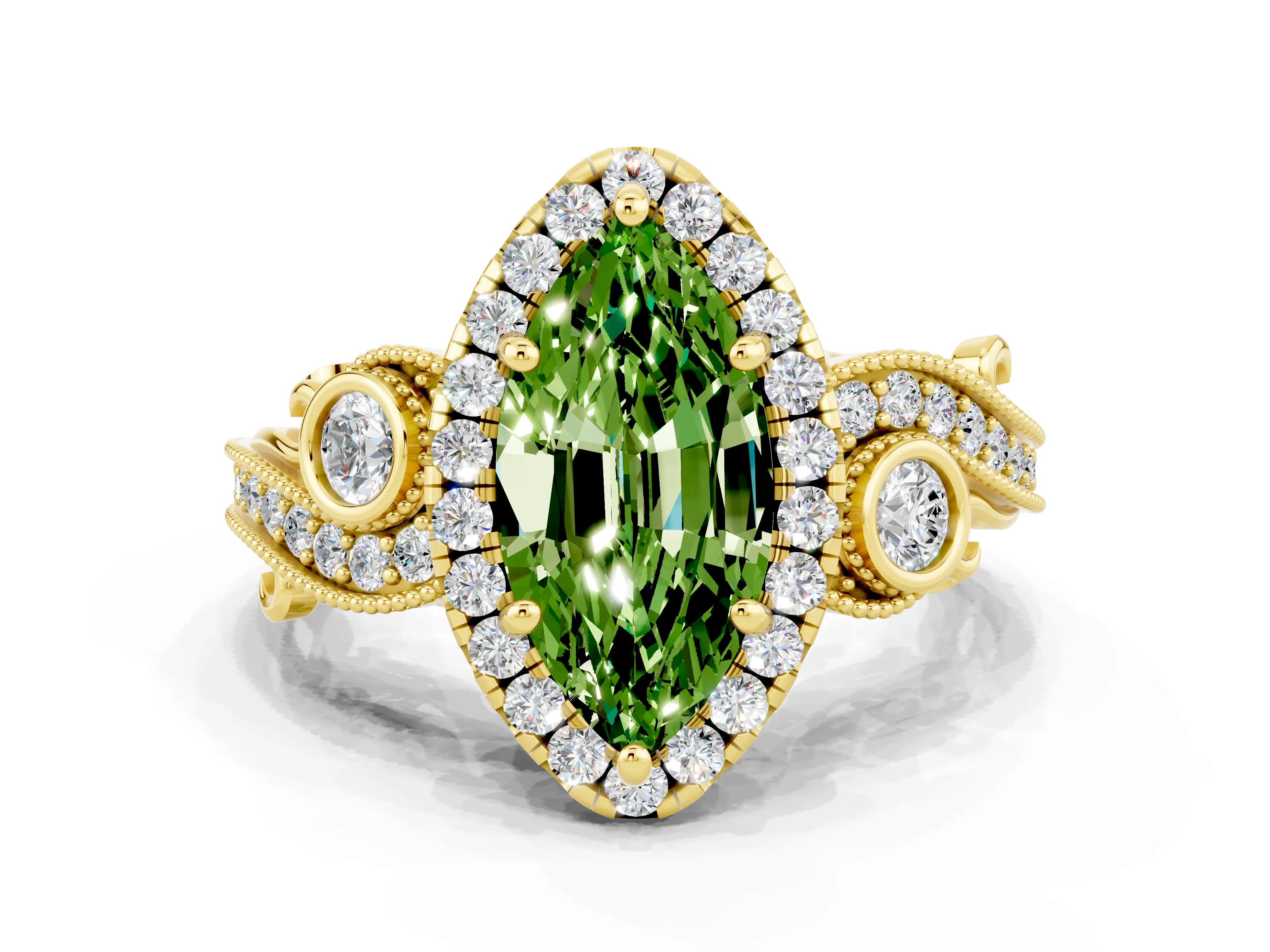 Yellow gold Marquise Cut Peridot Halo Ring with Milgrain Pavé Band and Four-Prong Setting_12