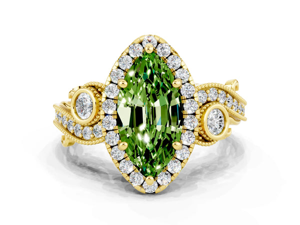 Yellow gold Marquise Cut Peridot Halo Ring with Milgrain Pavé Band and Four-Prong Setting