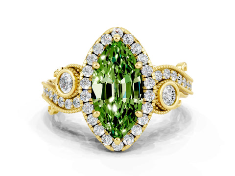 Yellow gold Marquise Cut Peridot Halo Ring with Milgrain Pavé Band and Four-Prong Setting_12