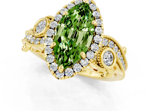 Yellow gold Marquise Cut Peridot Halo Ring with Milgrain Pavé Band and Four-Prong Setting_13
