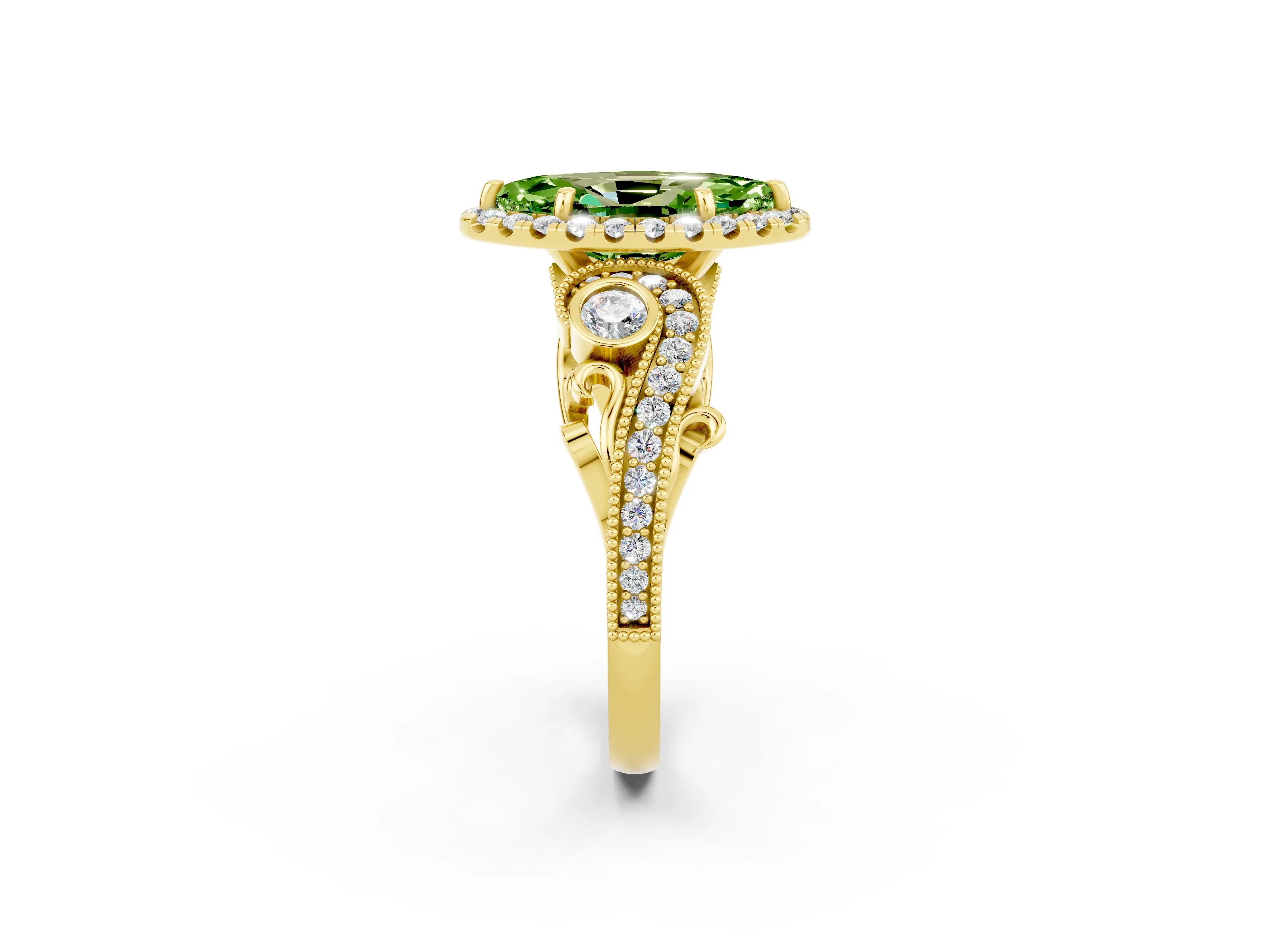 Yellow gold Marquise Cut Peridot Halo Ring with Milgrain Pavé Band and Four-Prong Setting_14