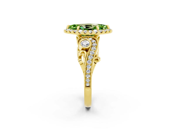 Yellow gold Marquise Cut Peridot Halo Ring with Milgrain Pavé Band and Four-Prong Setting