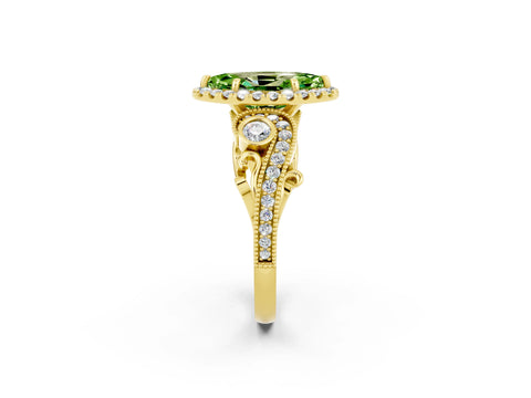 Yellow gold Marquise Cut Peridot Halo Ring with Milgrain Pavé Band and Four-Prong Setting_14