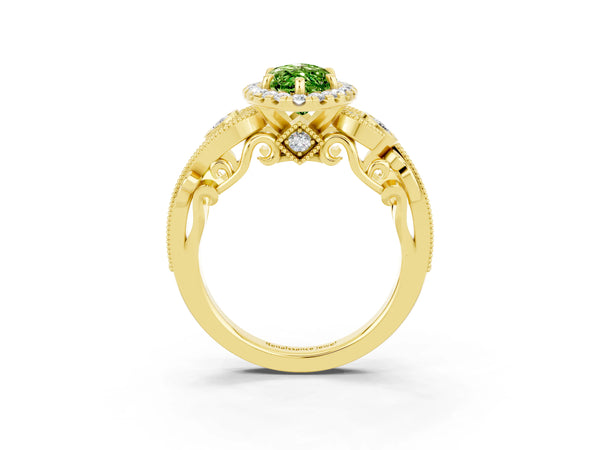 Yellow gold Marquise Cut Peridot Halo Ring with Milgrain Pavé Band and Four-Prong Setting