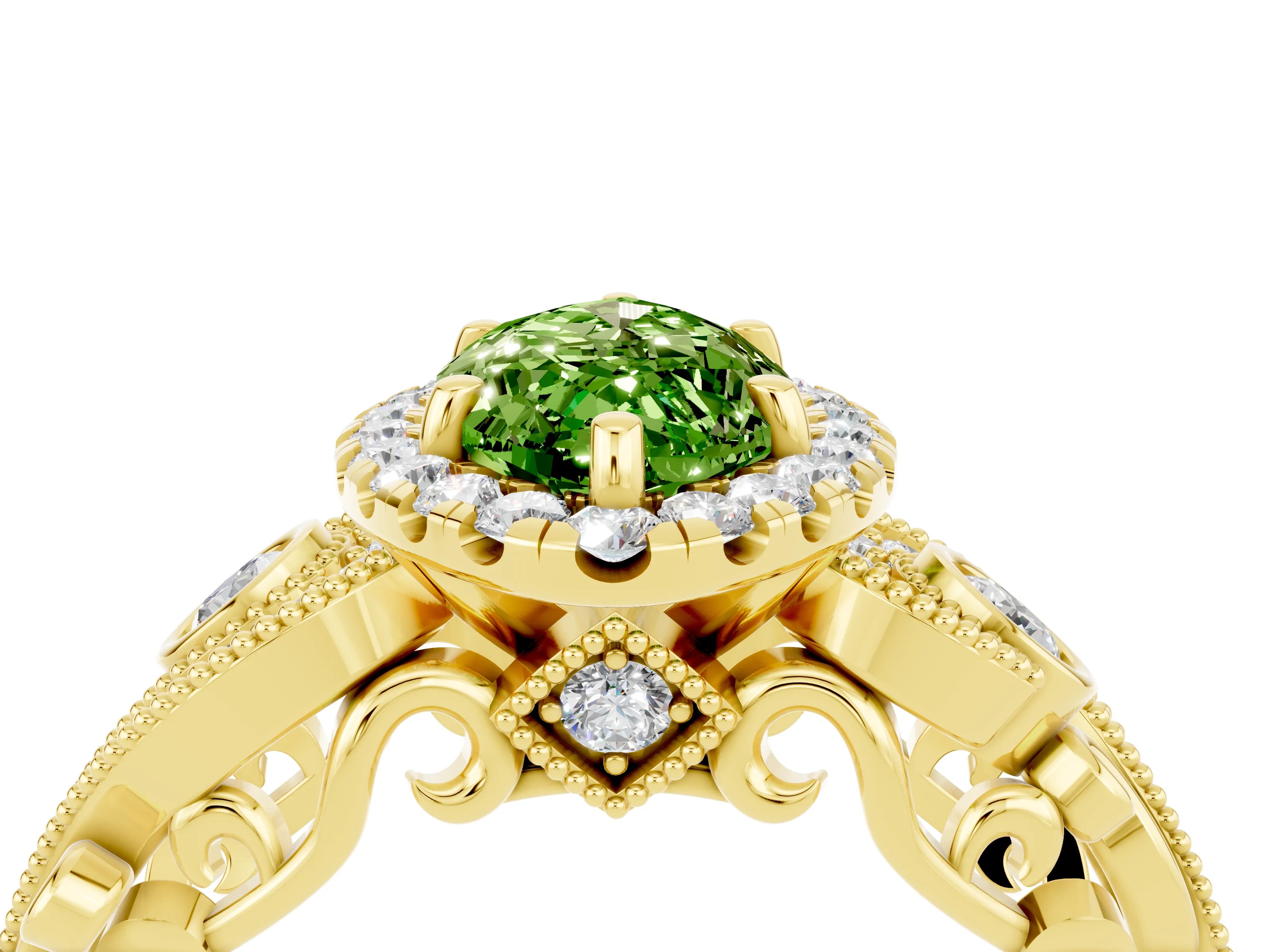 Yellow gold Marquise Cut Peridot Halo Ring with Milgrain Pavé Band and Four-Prong Setting_16