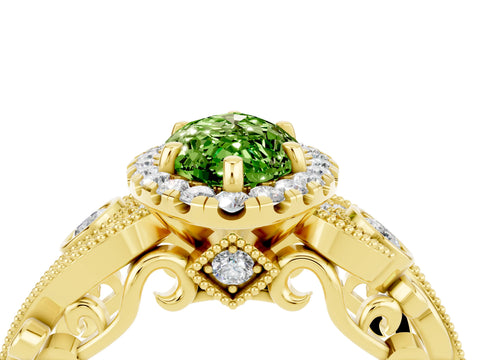 Yellow gold Marquise Cut Peridot Halo Ring with Milgrain Pavé Band and Four-Prong Setting_16