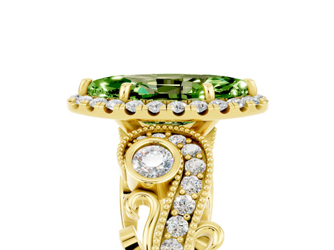 Yellow gold Marquise Cut Peridot Halo Ring with Milgrain Pavé Band and Four-Prong Setting_17