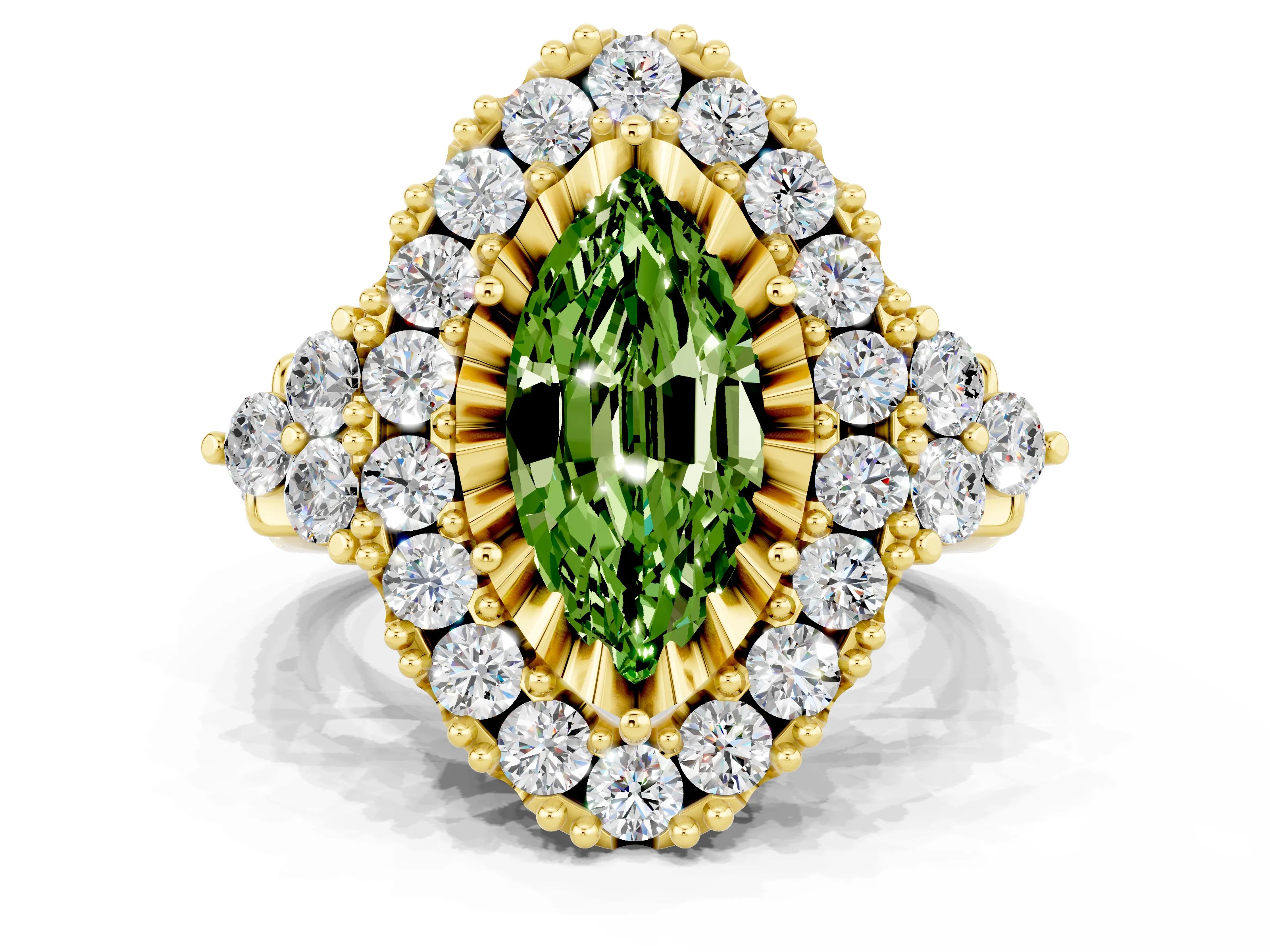 Yellow gold Marquise Cut Peridot Halo Ring with Pavé Band and Four-Prong Setting_12