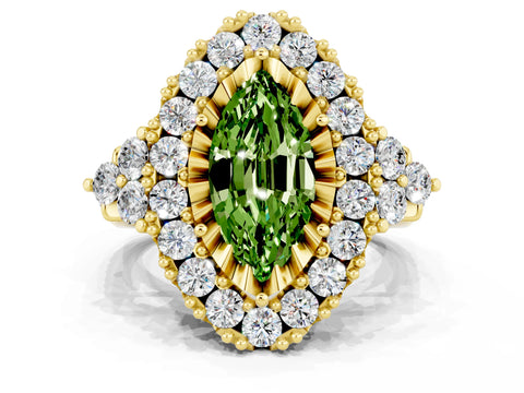 Yellow gold Marquise Cut Peridot Halo Ring with Pavé Band and Four-Prong Setting_12
