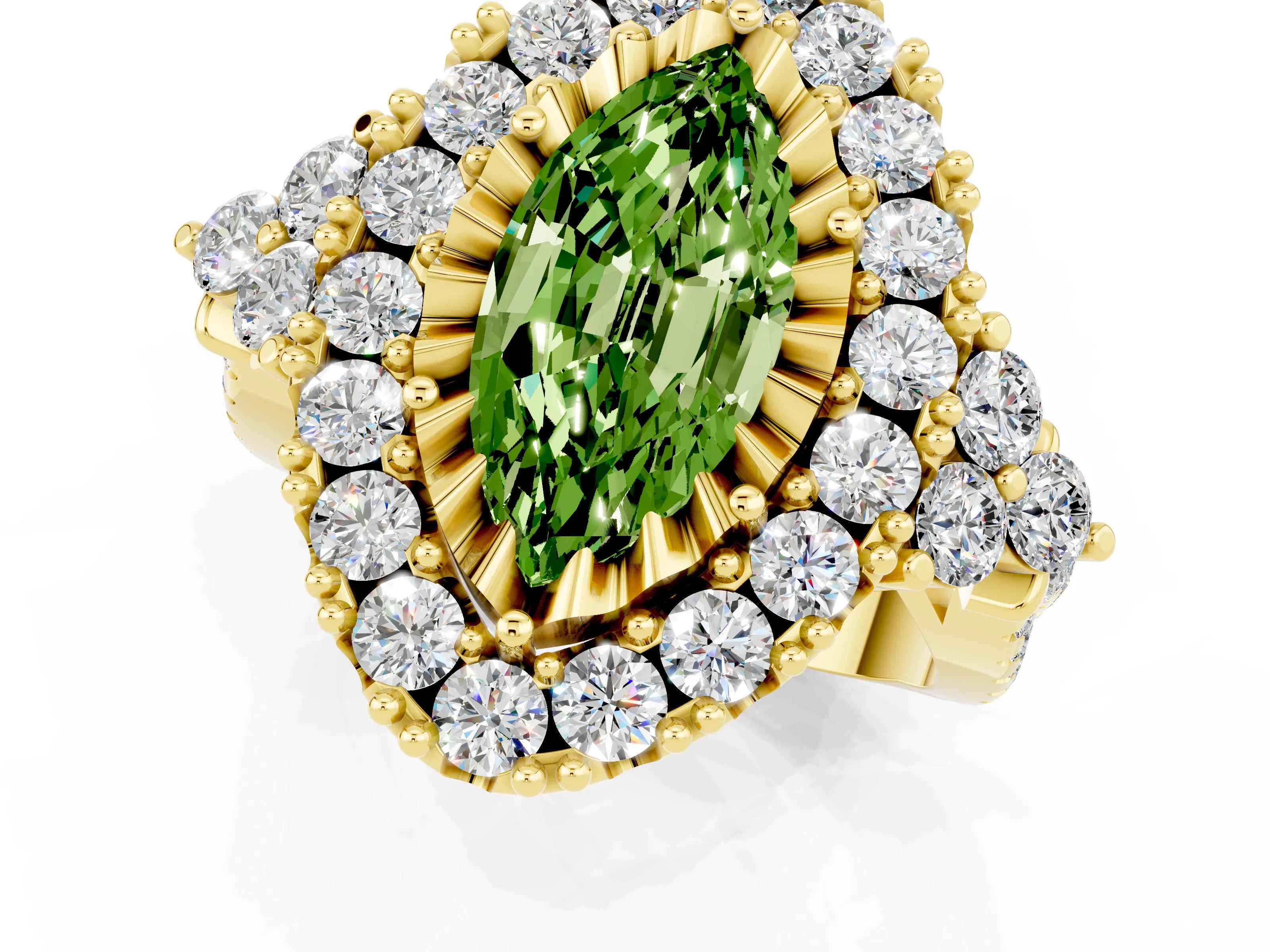 Yellow gold Marquise Cut Peridot Halo Ring with Pavé Band and Four-Prong Setting_13