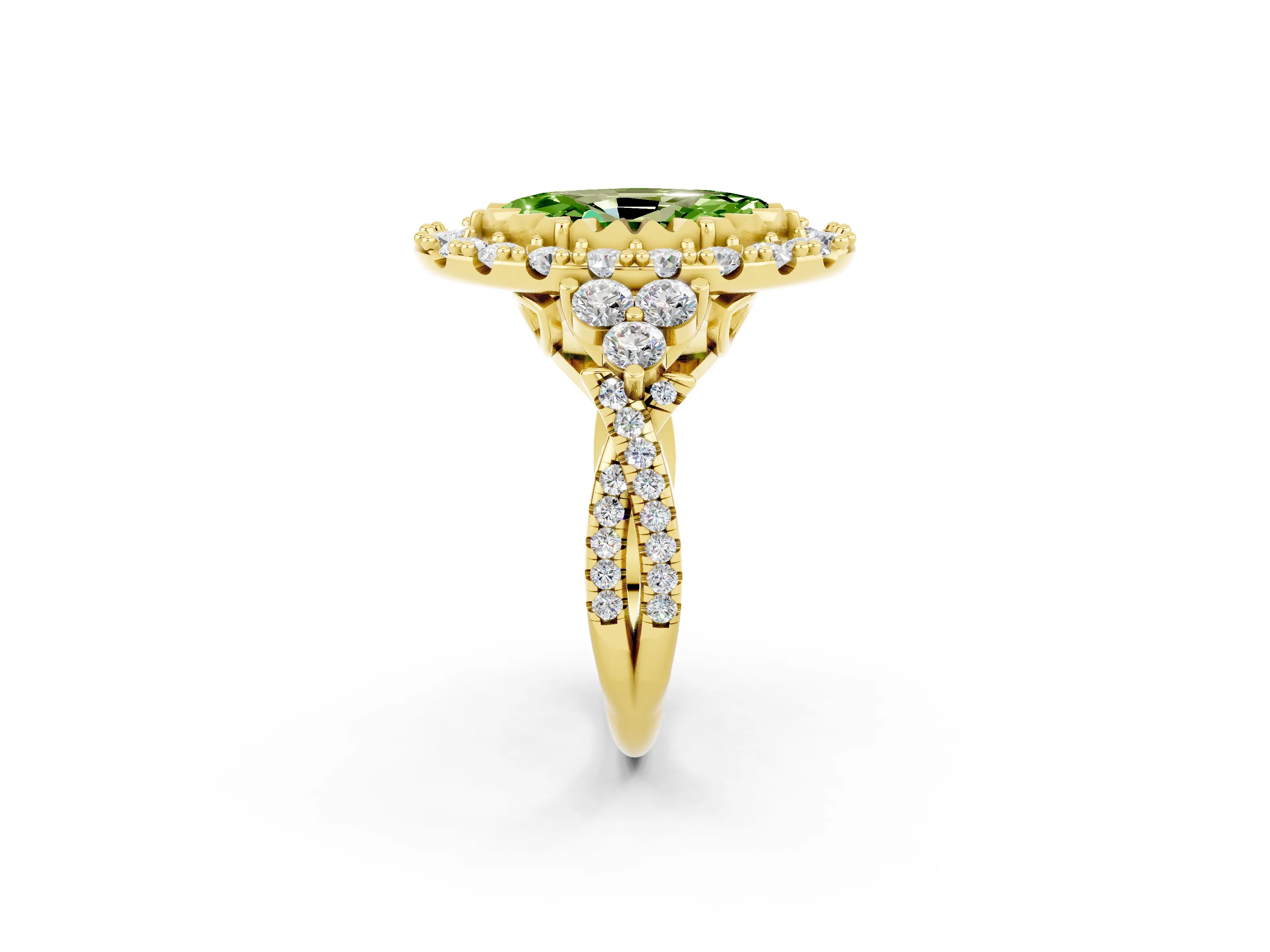 Yellow gold Marquise Cut Peridot Halo Ring with Pavé Band and Four-Prong Setting_14
