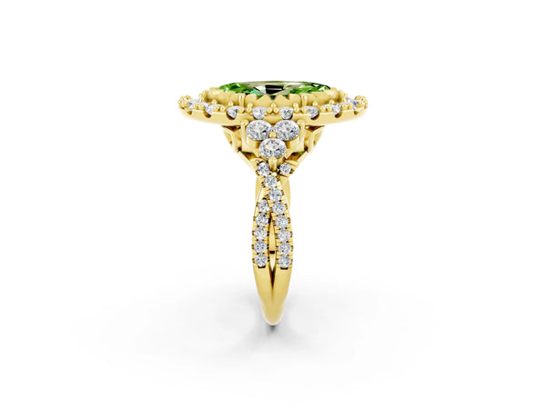 Yellow gold Marquise Cut Peridot Halo Ring with Pavé Band and Four-Prong Setting
