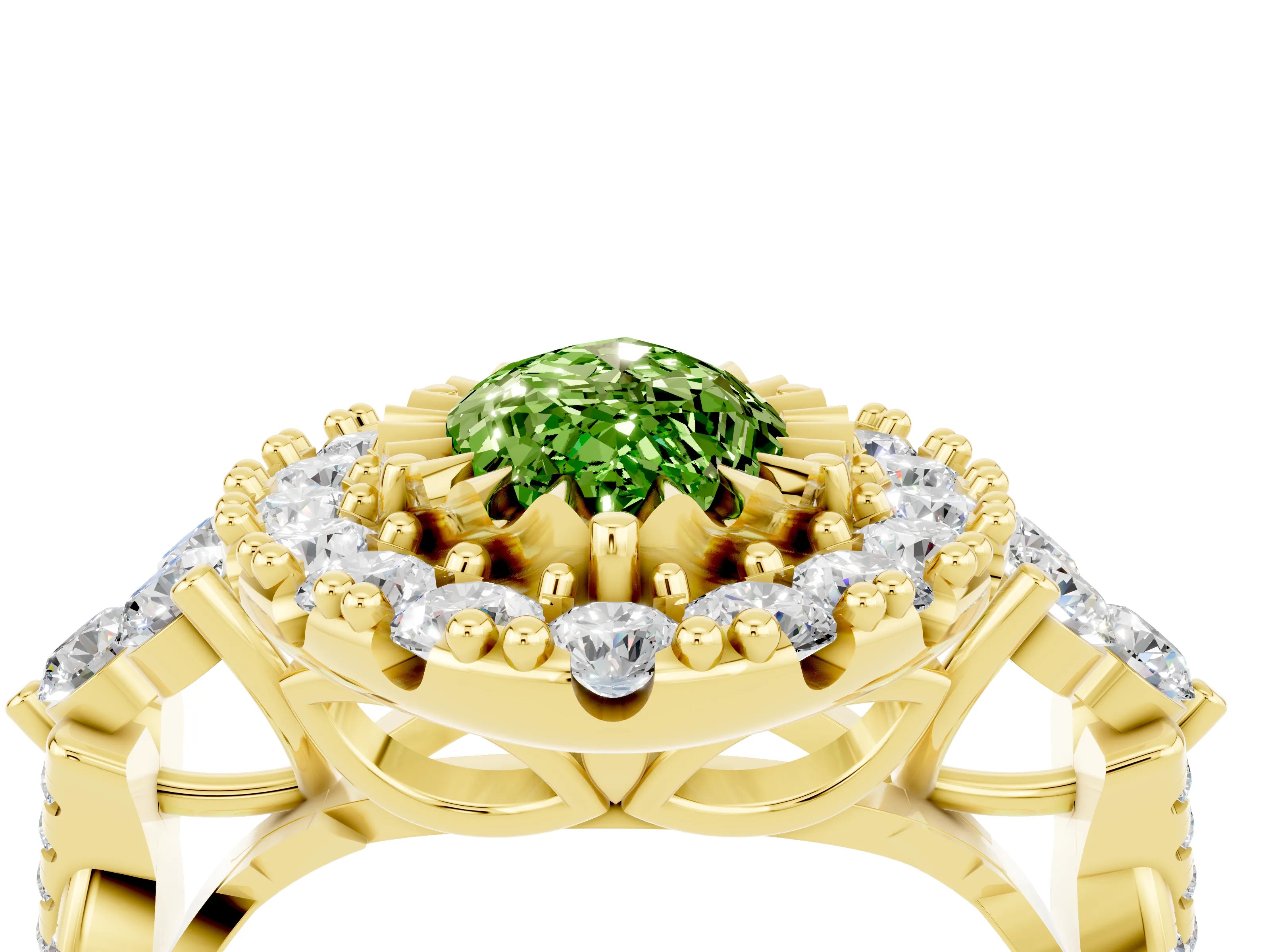 Yellow gold Marquise Cut Peridot Halo Ring with Pavé Band and Four-Prong Setting_16