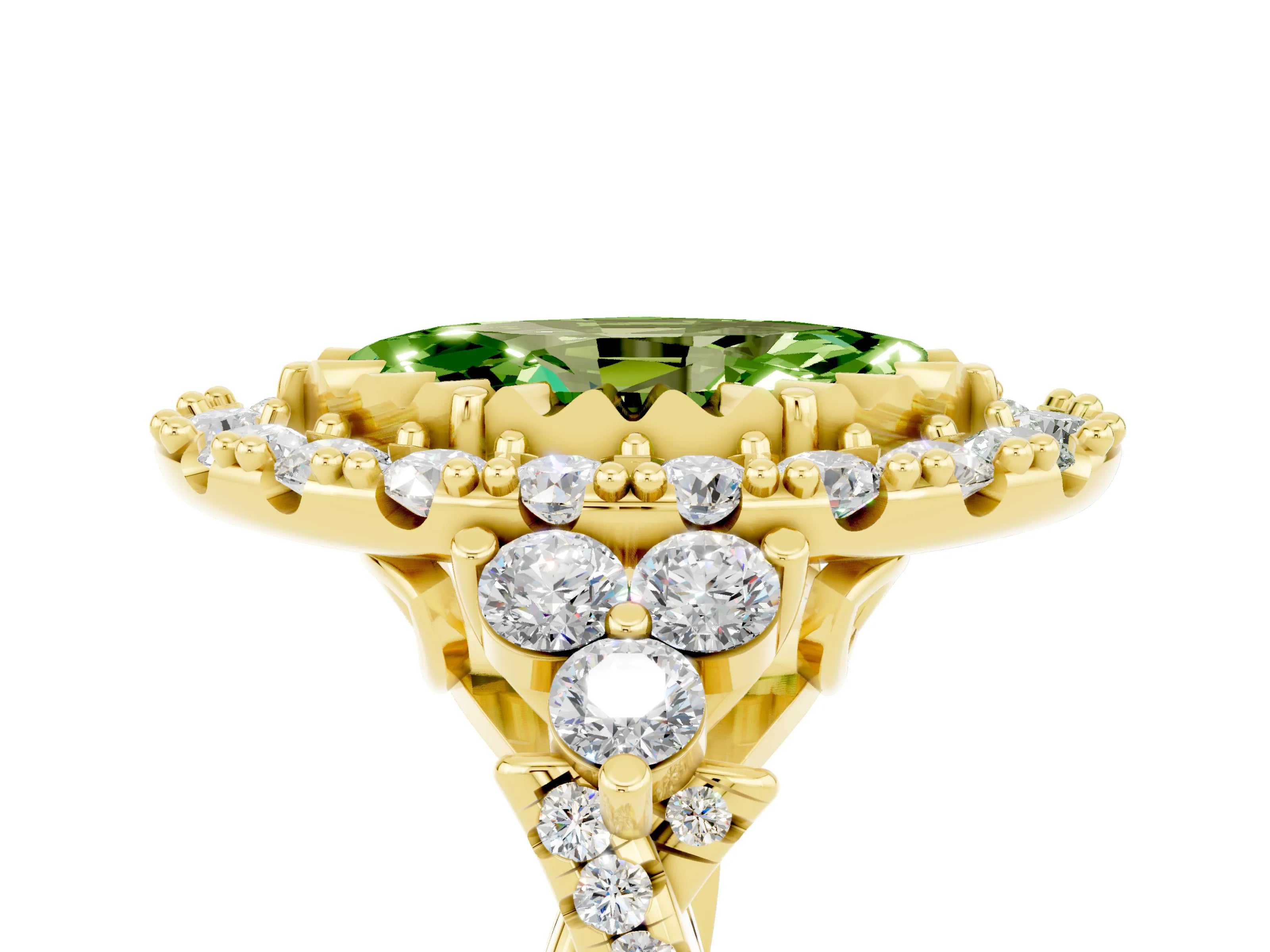 Yellow gold Marquise Cut Peridot Halo Ring with Pavé Band and Four-Prong Setting_17