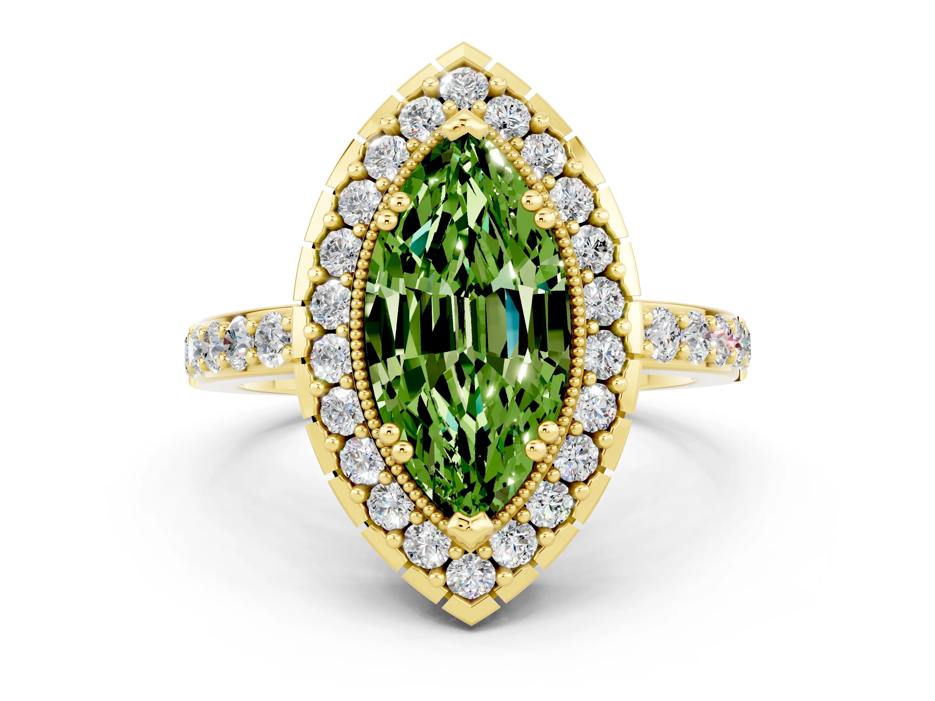 Yellow gold Marquise Cut Peridot Halo Ring with Pavé Band and Prong Setting