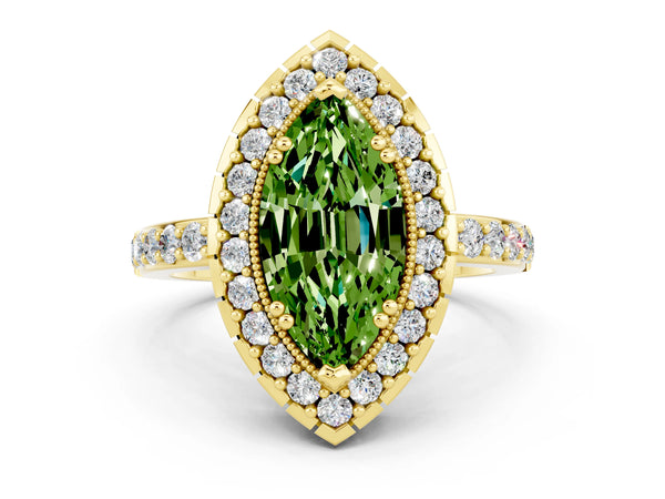 Yellow gold Marquise Cut Peridot Halo Ring with Pavé Band and Prong Setting