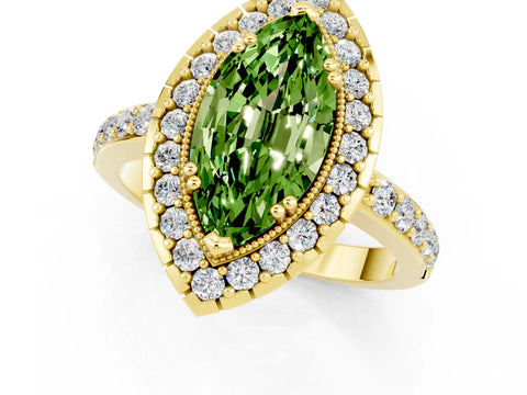 Yellow gold Marquise Cut Peridot Halo Ring with Pavé Band and Prong Setting_1