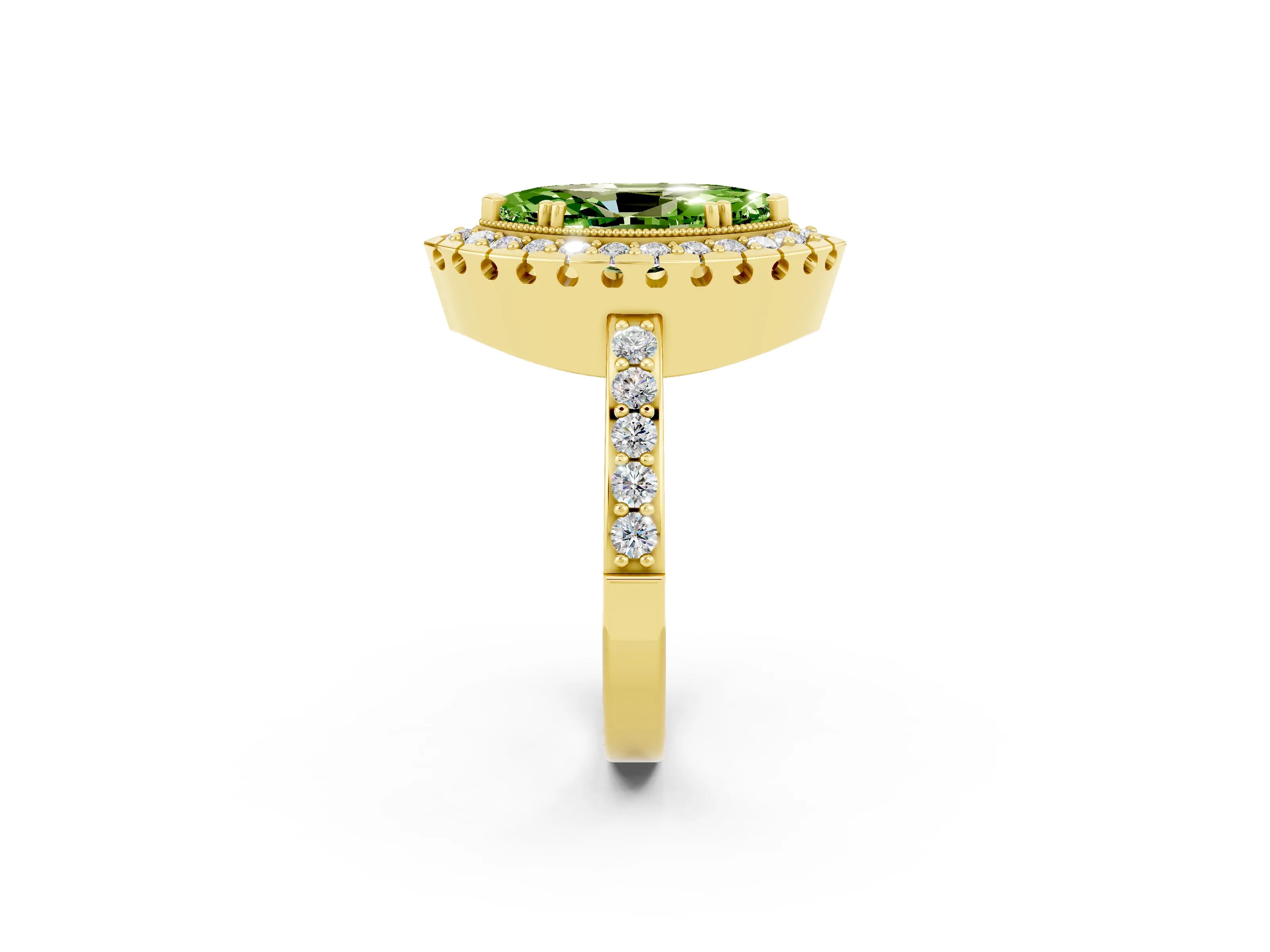 Yellow gold Marquise Cut Peridot Halo Ring with Pavé Band and Prong Setting_2