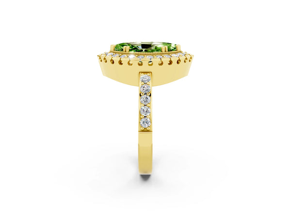 Yellow gold Marquise Cut Peridot Halo Ring with Pavé Band and Prong Setting