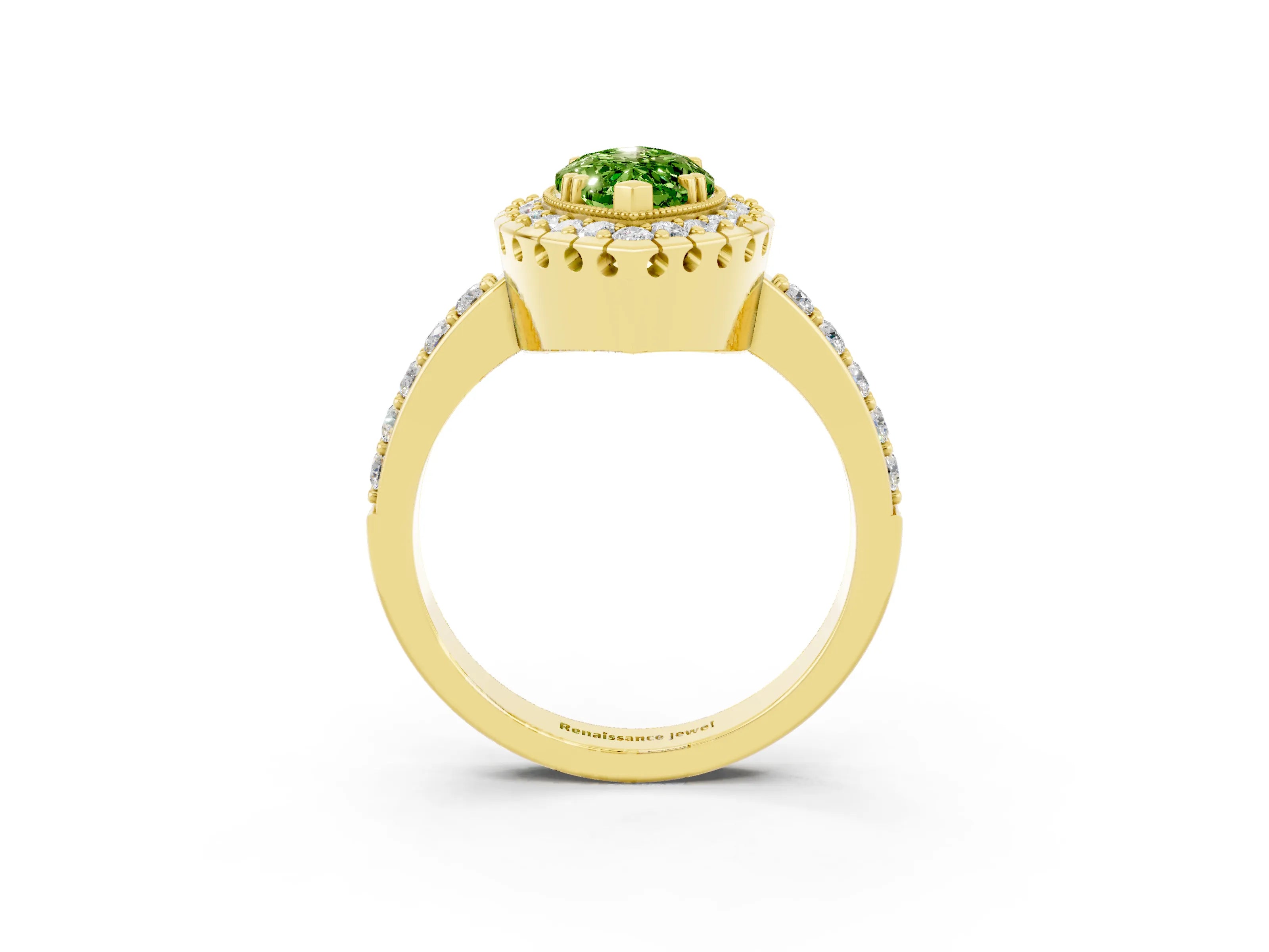Yellow gold Marquise Cut Peridot Halo Ring with Pavé Band and Prong Setting_3