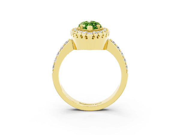 Yellow gold Marquise Cut Peridot Halo Ring with Pavé Band and Prong Setting