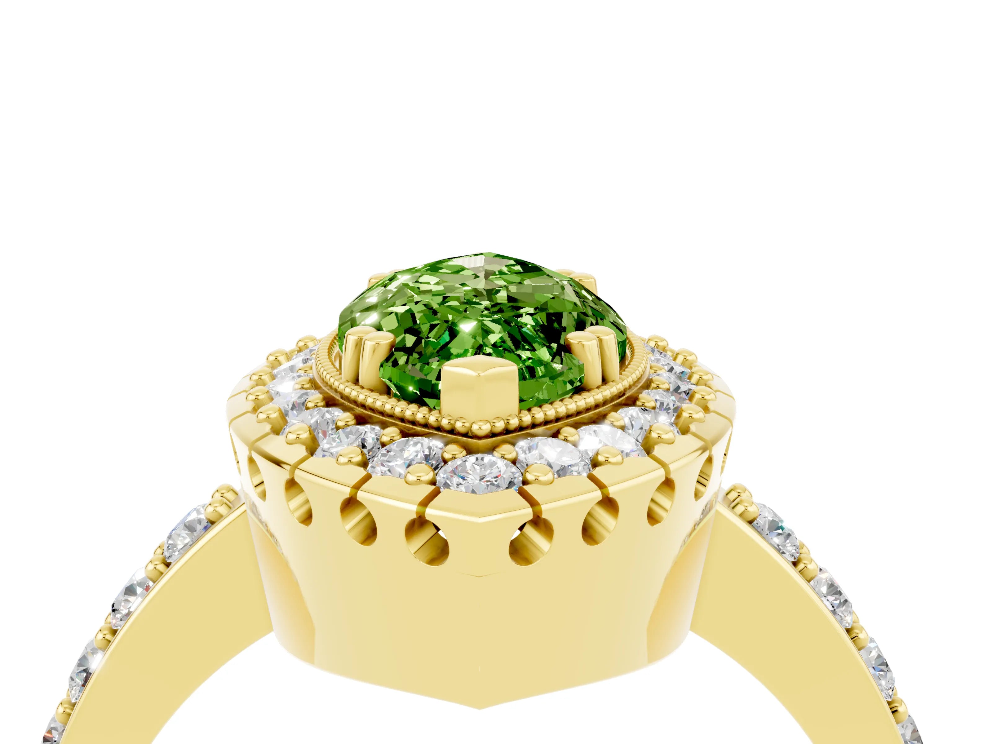 Yellow gold Marquise Cut Peridot Halo Ring with Pavé Band and Prong Setting_4