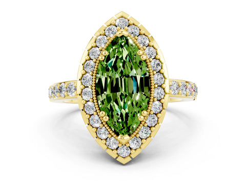 Yellow gold Marquise Cut Peridot Halo Ring with Pavé Band and Prong Setting