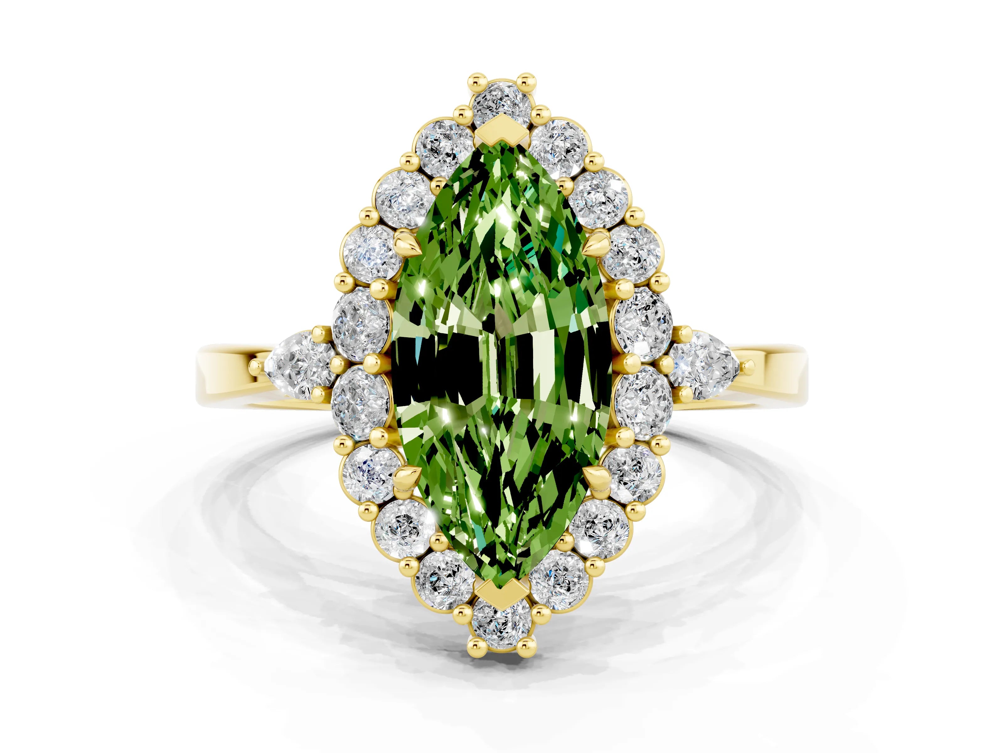 Yellow gold Marquise Cut Peridot Halo Ring with Pear Side Stones and Prong Setting_12