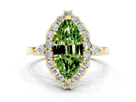 Yellow gold Marquise Cut Peridot Halo Ring with Pear Side Stones and Prong Setting_12