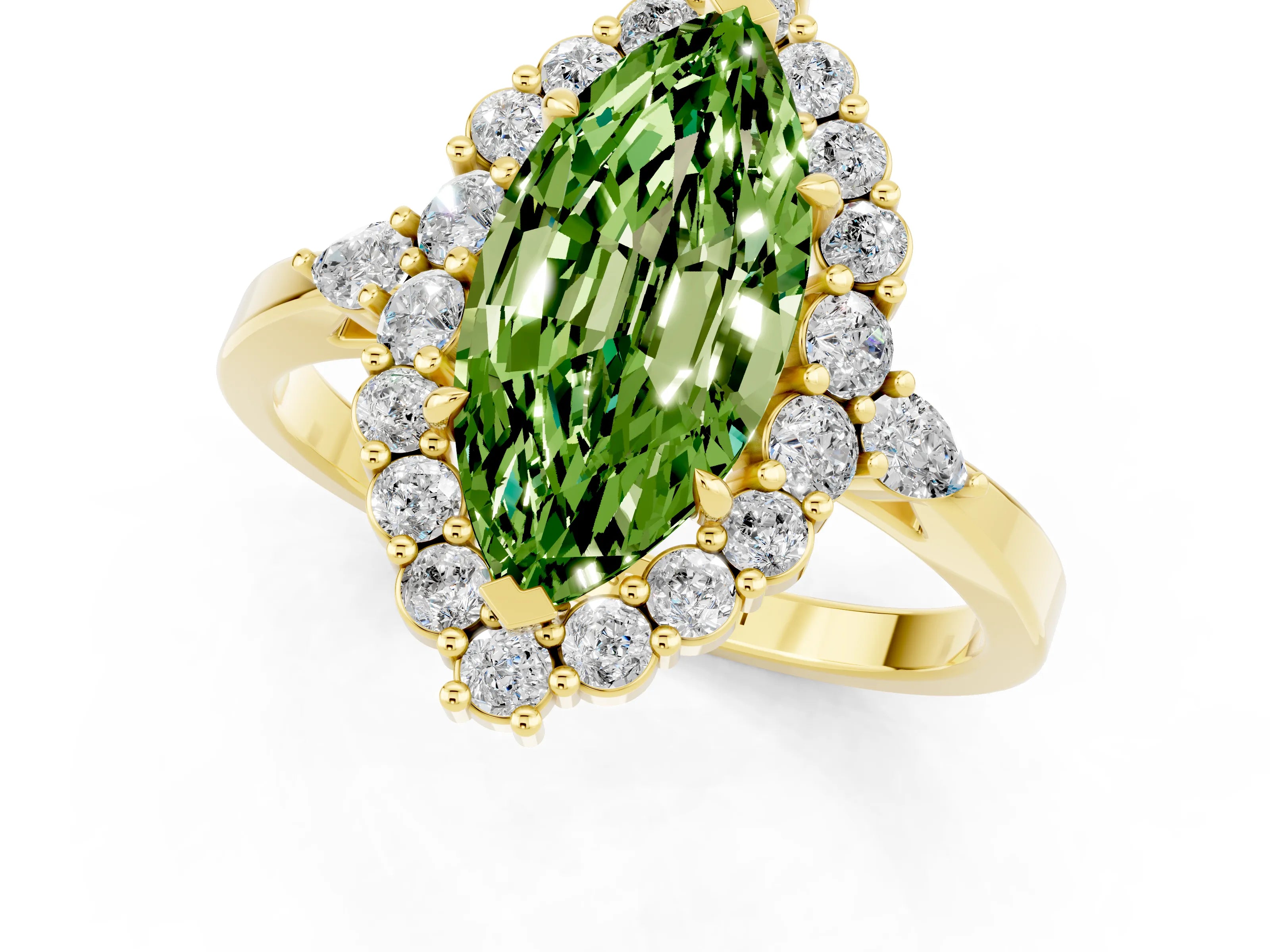 Yellow gold Marquise Cut Peridot Halo Ring with Pear Side Stones and Prong Setting_13