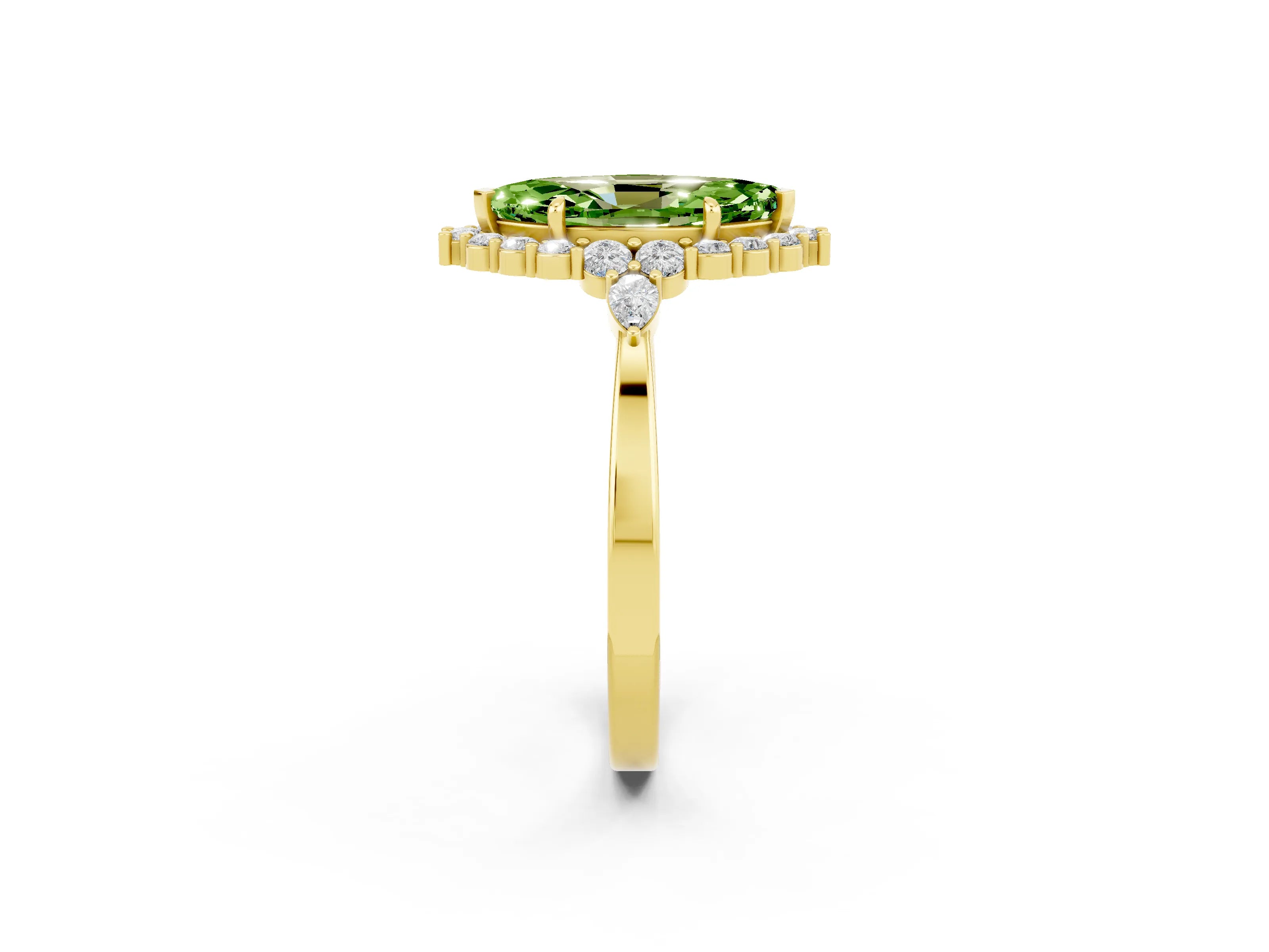 Yellow gold Marquise Cut Peridot Halo Ring with Pear Side Stones and Prong Setting_14