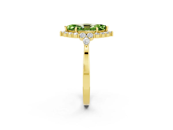 Yellow gold Marquise Cut Peridot Halo Ring with Pear Side Stones and Prong Setting