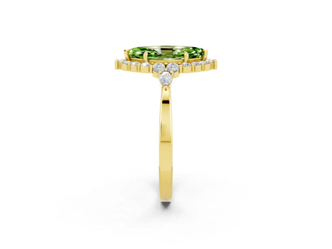 Yellow gold Marquise Cut Peridot Halo Ring with Pear Side Stones and Prong Setting_14