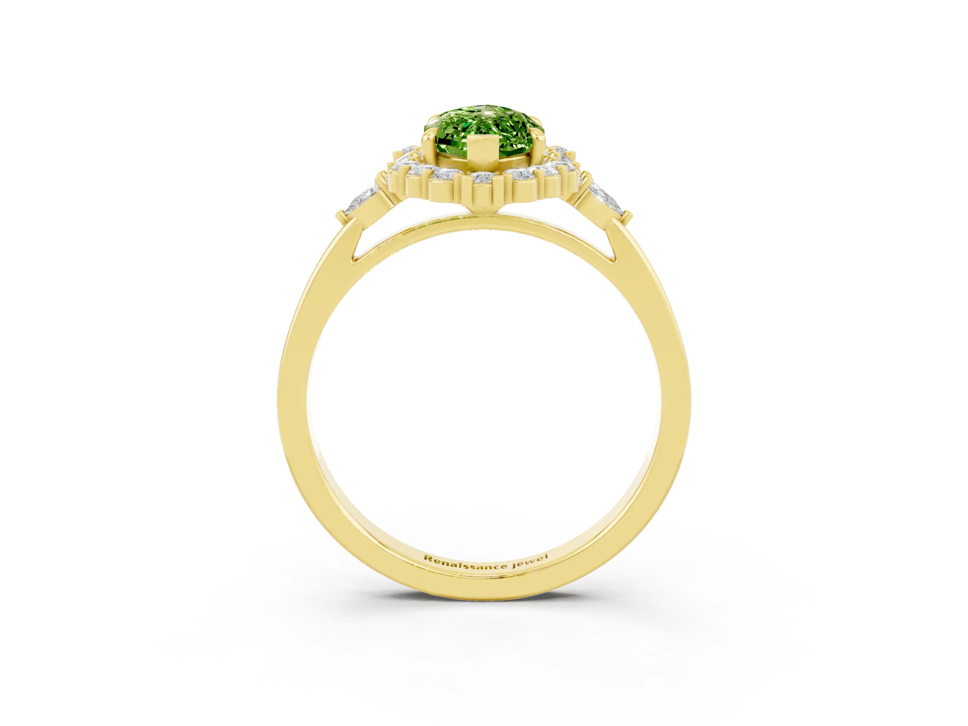 Yellow gold Marquise Cut Peridot Halo Ring with Pear Side Stones and Prong Setting_15