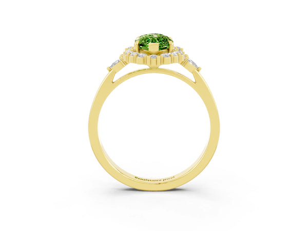 Yellow gold Marquise Cut Peridot Halo Ring with Pear Side Stones and Prong Setting