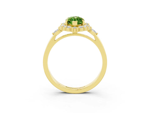 Yellow gold Marquise Cut Peridot Halo Ring with Pear Side Stones and Prong Setting_15