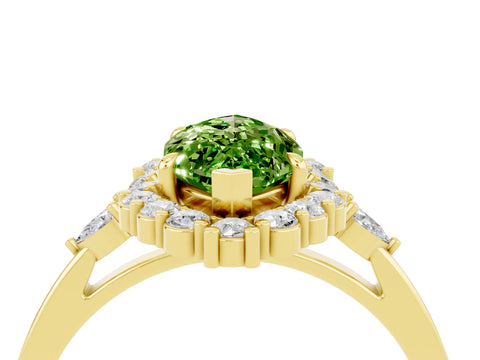Yellow gold Marquise Cut Peridot Halo Ring with Pear Side Stones and Prong Setting_16
