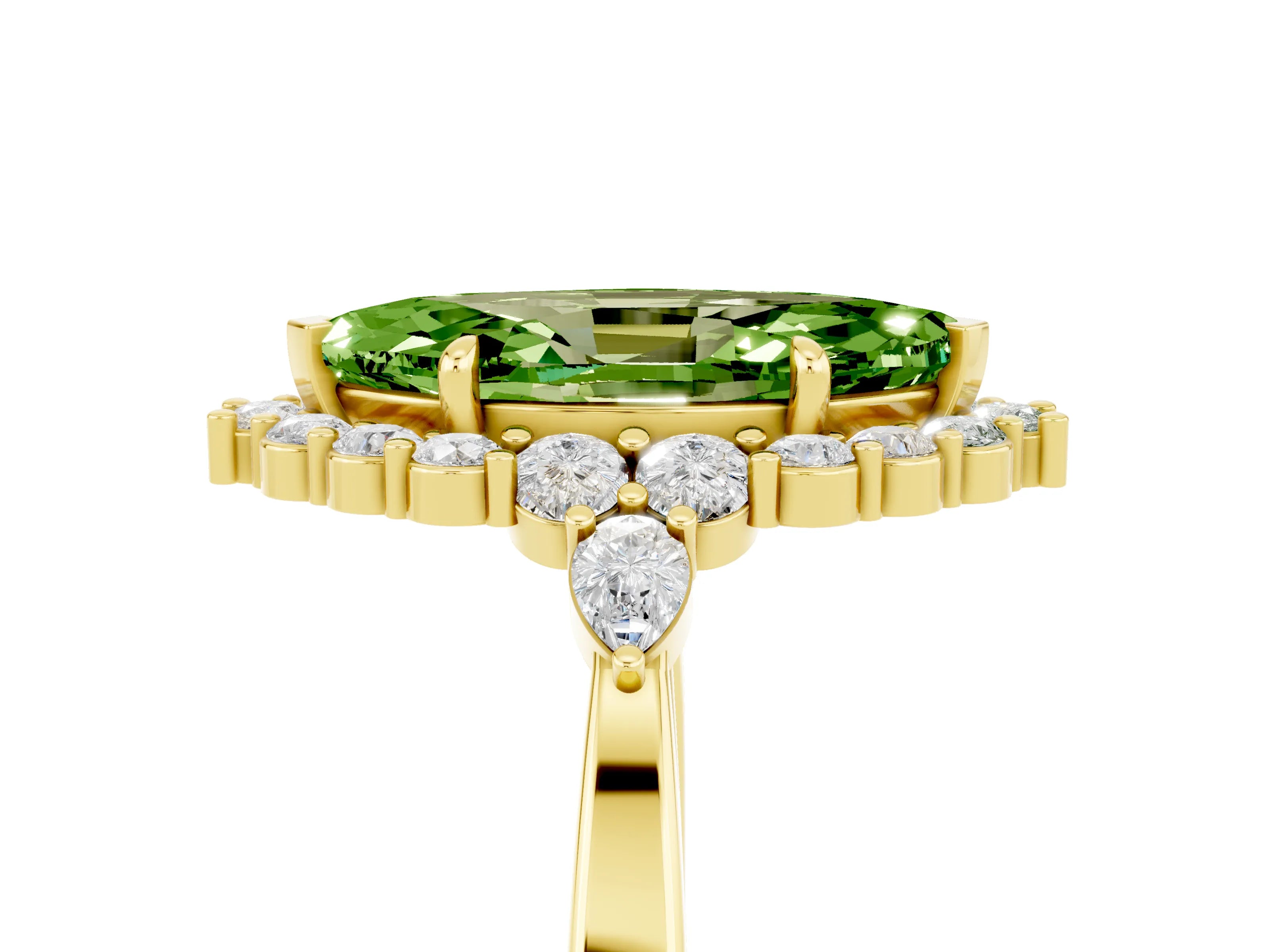 Yellow gold Marquise Cut Peridot Halo Ring with Pear Side Stones and Prong Setting_17