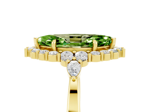 Yellow gold Marquise Cut Peridot Halo Ring with Pear Side Stones and Prong Setting_17