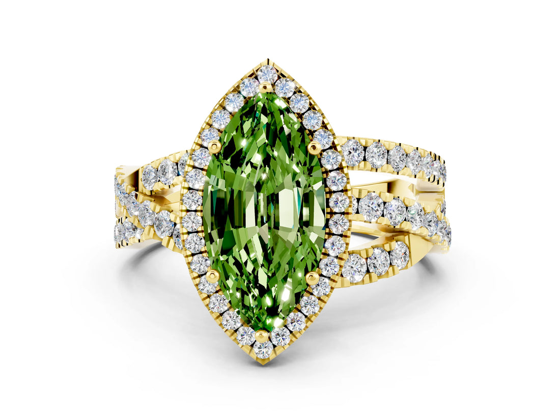 Yellow gold Marquise Cut Peridot Halo Ring with Round Split Shank and Prong Setting_48