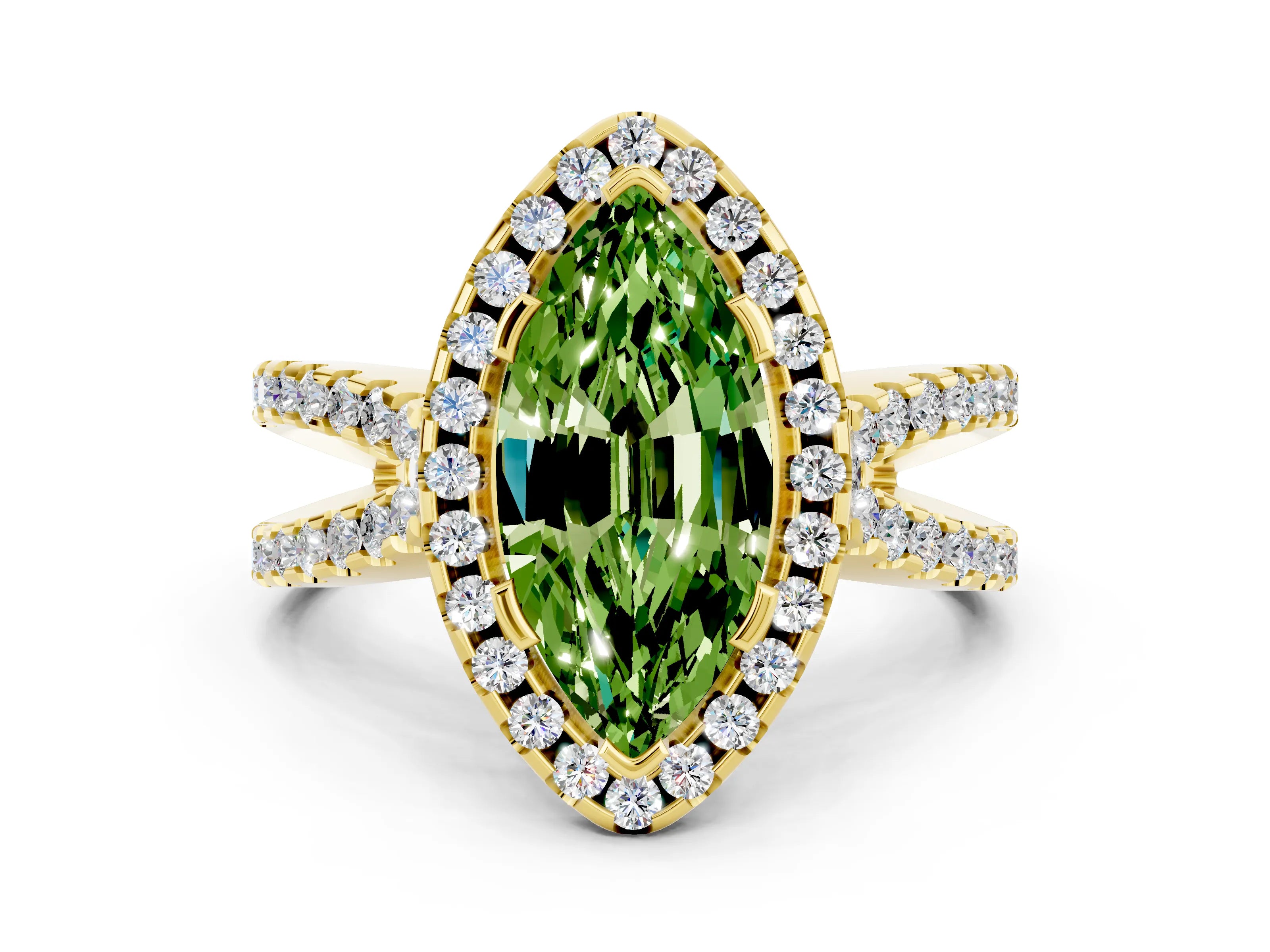 Yellow gold Marquise Cut Peridot Halo Ring with Split Shank Pavé Band and Prong Setting