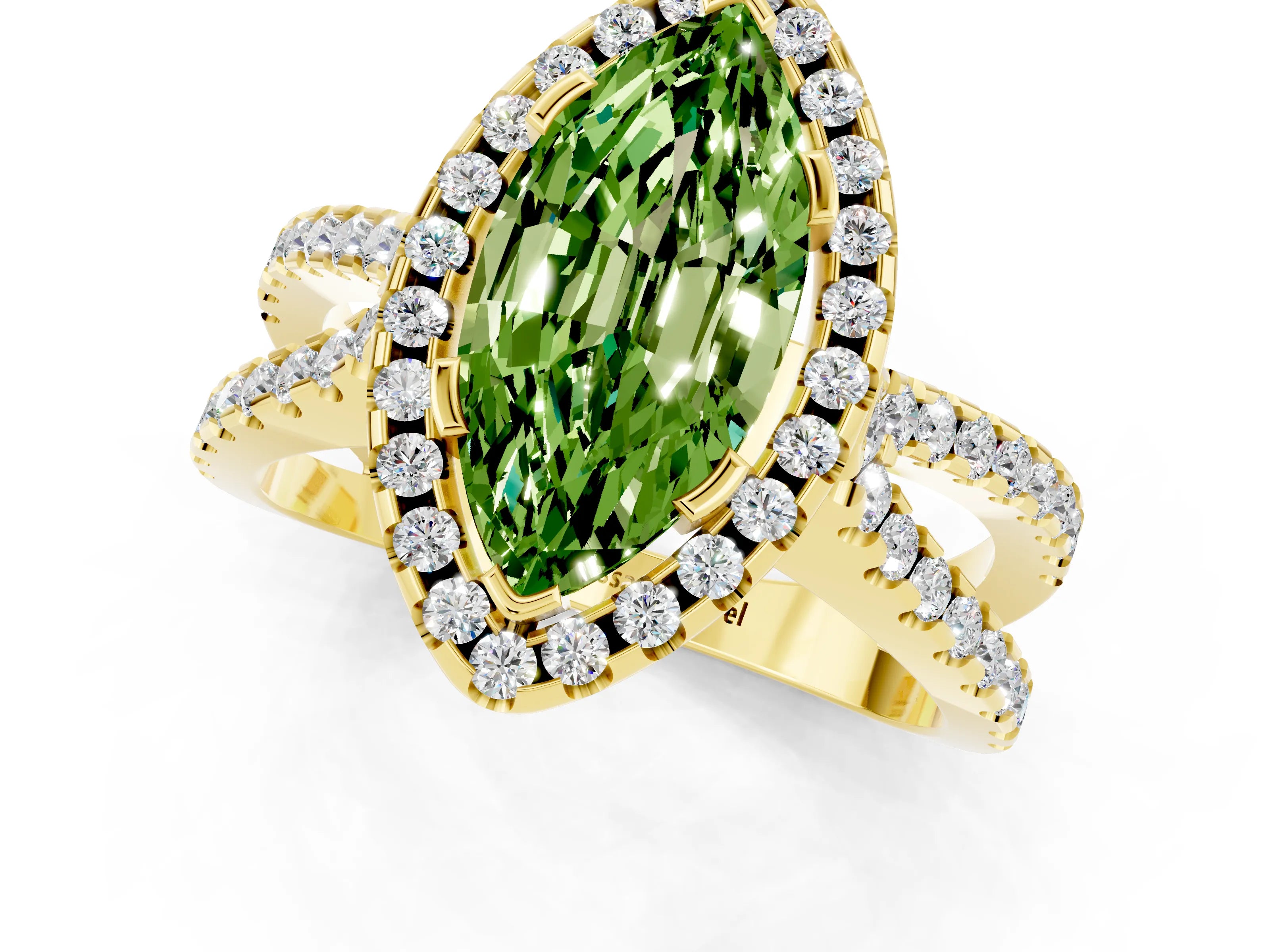 Yellow gold Marquise Cut Peridot Halo Ring with Split Shank Pavé Band and Prong Setting_1