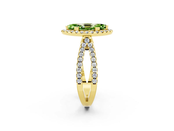 Yellow gold Marquise Cut Peridot Halo Ring with Split Shank Pavé Band and Prong Setting